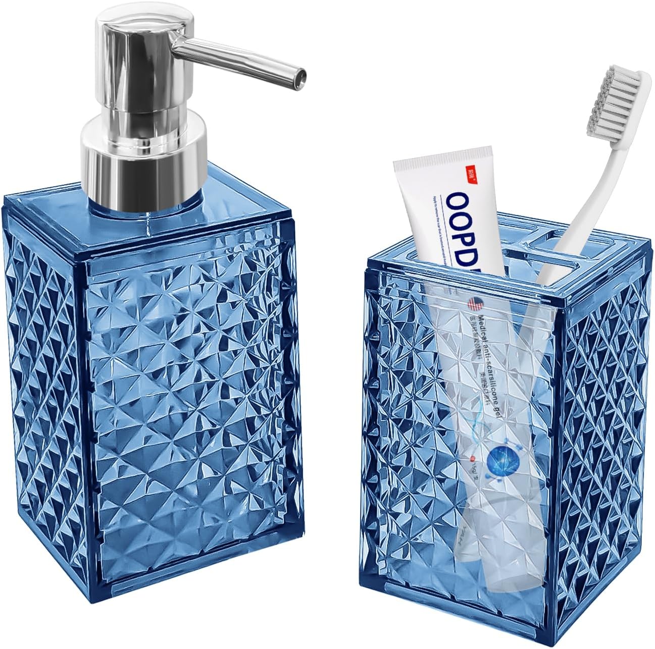 2PCS Blue Bathroom Accessories. Contain Soap Dispenser and Toothbrush Holder Set. Boho Bathroom Set for Blue Bathroom Décor