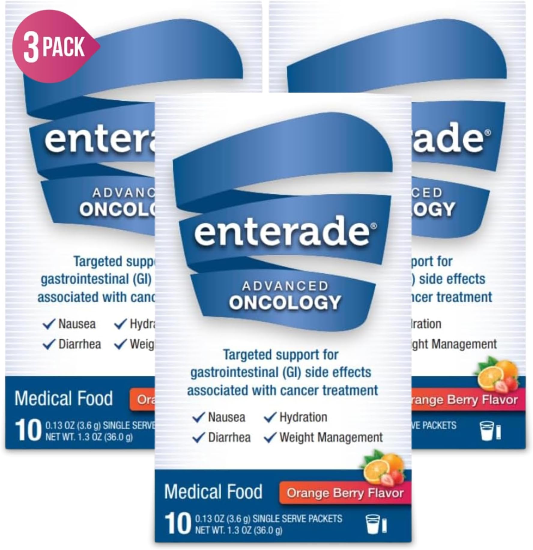 enterade Advanced Oncology Powder Packets, Orange Berry (3 Boxes, 30 Packets) - Specially Formulated to Decrease GI Side Effects - 30 Single-Servings