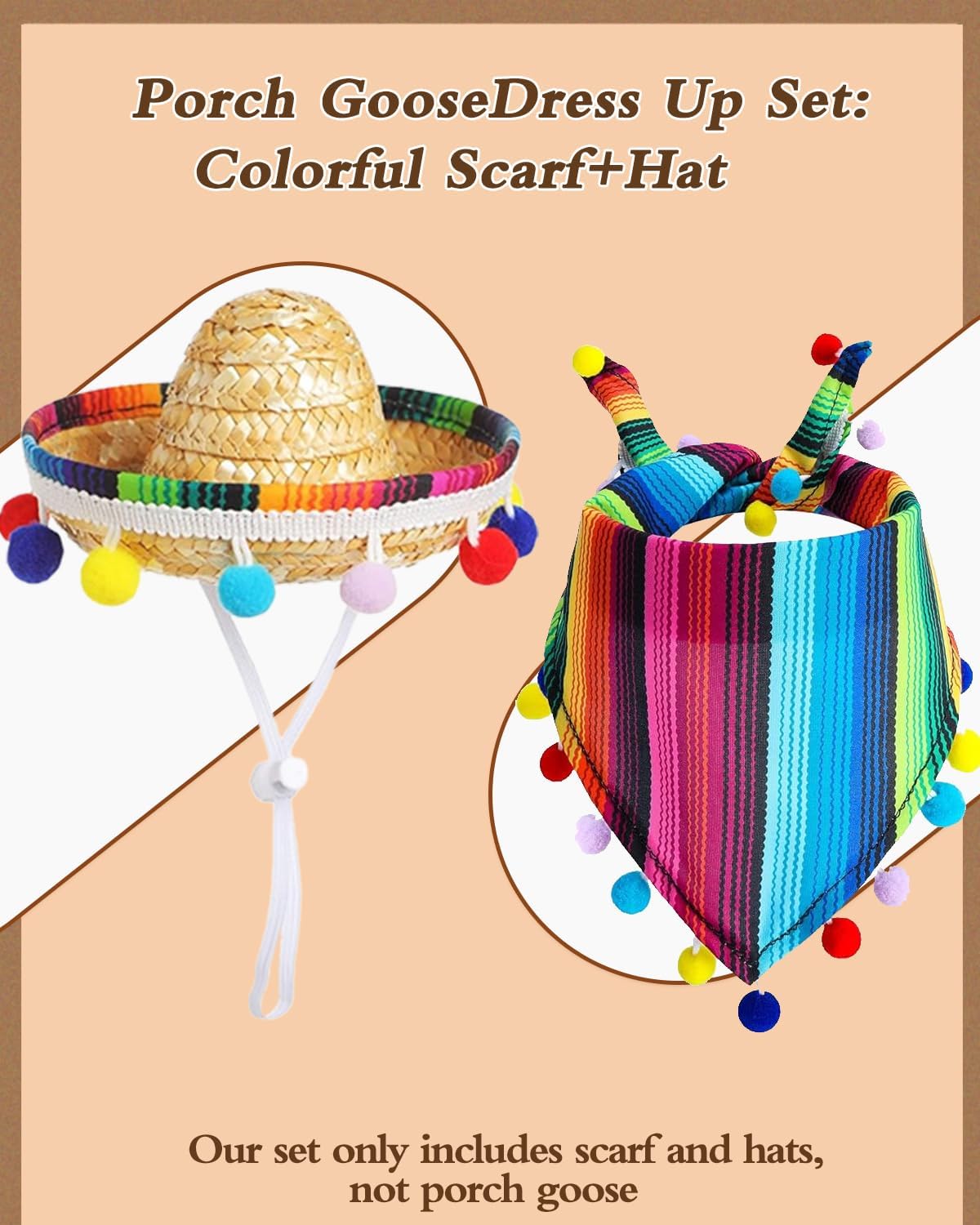 Porch Goose Outfits, 2pcs Mexican Goose Costume Lawn Goose Statue Clothes for Garden, Garden Porch Goose Clothes Mexican Hat and Bandana Scarf for Yard Decoration (Mulit-Color)