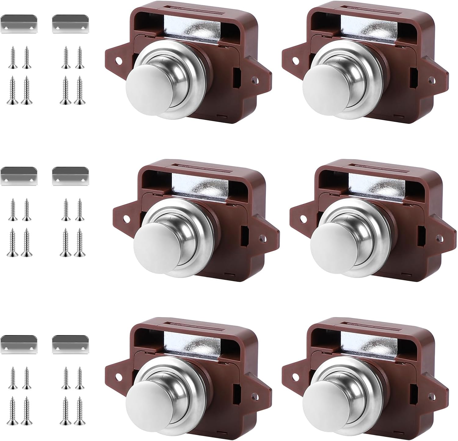 Pack of 6 Push Button Latches, Keyless Metal Push Button Lock, Locking Cabinet Lock, Brown, Motorhome, Caravan Latch Button, Push Button Catch for Door, Cabinet, Yacht, Ship