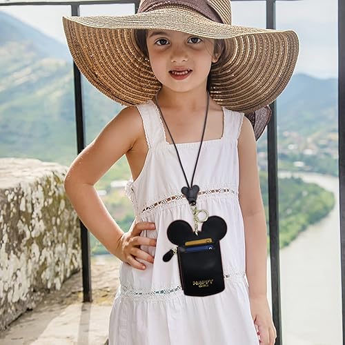 Miniatura 4 de BUUFAN Elegante Negro Lindo Viaje Cuero PU Porta Tarjetas de Identificación de Estudiante Cordón Bolsa para el Cuello con Monedero Cartera para