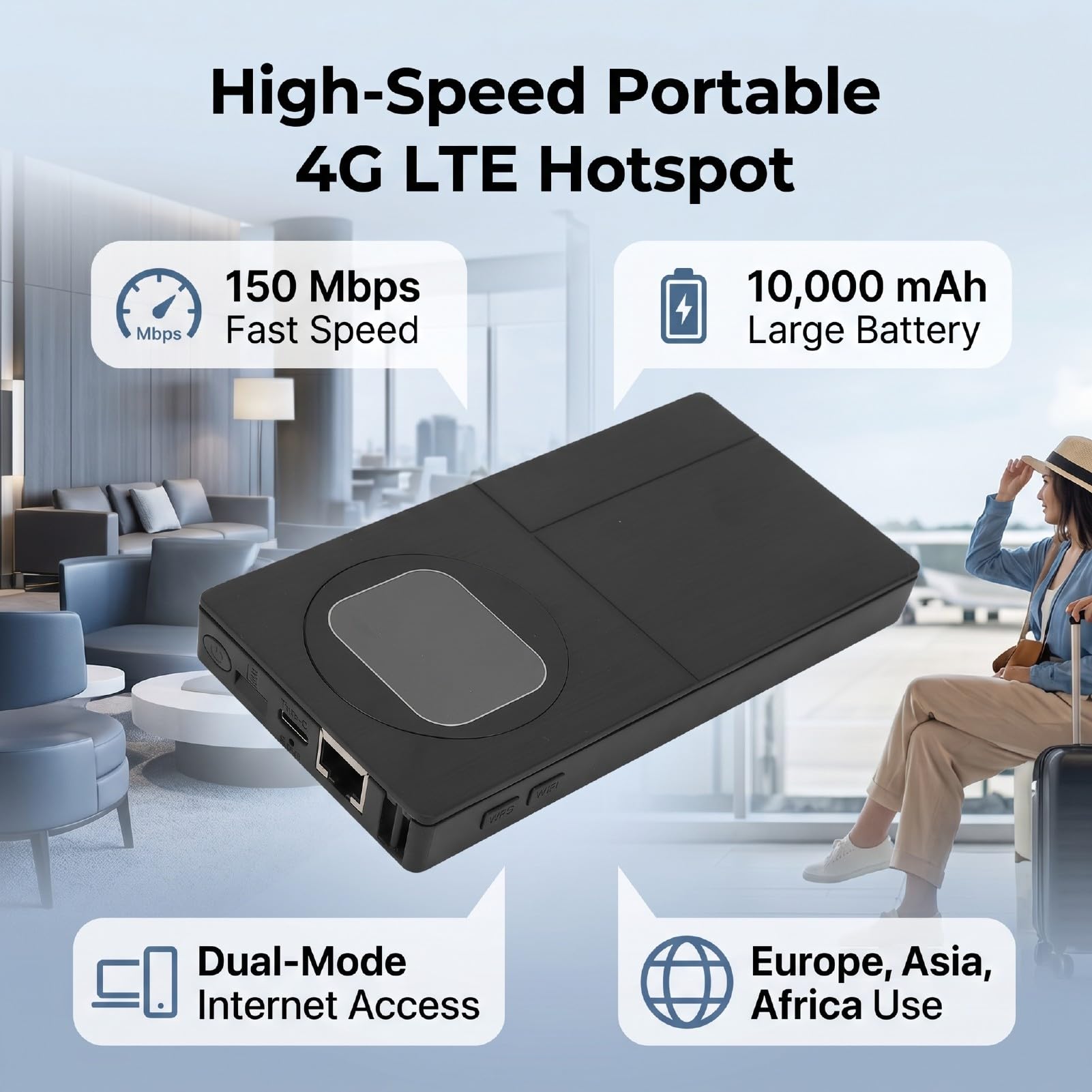 Routeur WiFi 4G LTE Portable, Point D’accès Mobile 150 Mbps 10000 MAh avec Emplacement pour Carte SIM Port Ethernet, for Voyage Affaires Extérieur