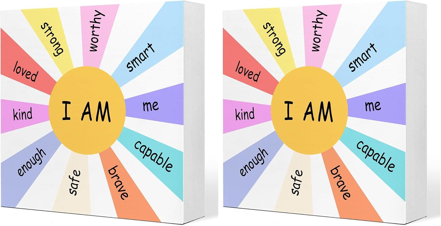 Inspirational Wood Box Sign Desk Decor,Motivational Affirmation Table Decor,I am Kind I am Smart I am Brave Wood Block Plaque Tabletop Decoration,Cheer up Gifts for Kids Teens Q827 (Pack of 2)