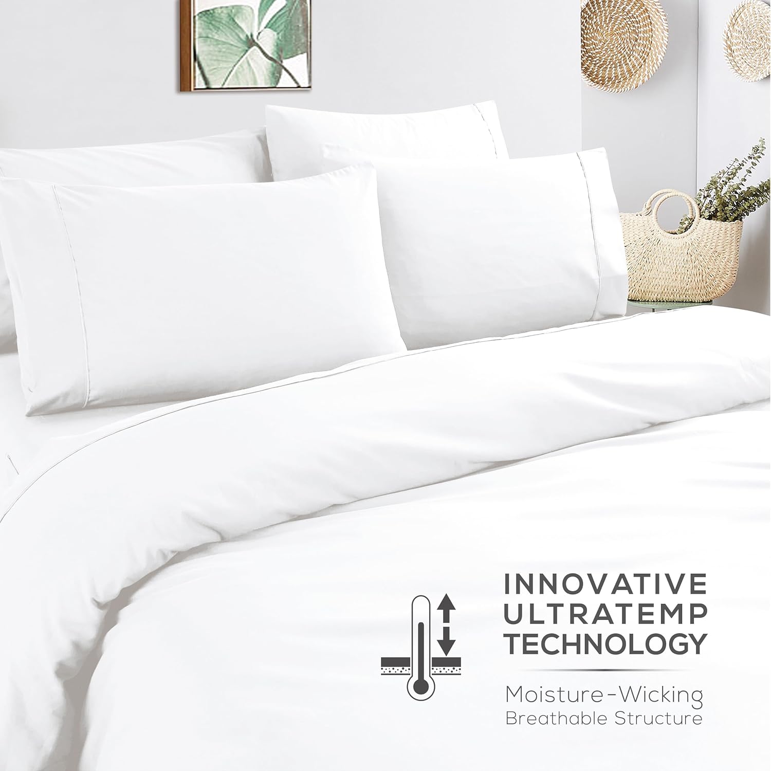 Mueller 6 Piece Queen Bed Sheets Set – Ultratemp Cooling Technology, Oeko-TEX Certified, Ultra-Soft 1800 Series, 4 Pillowcases, Deep Pocket 16", Hypoallergenic, Wrinkle-Free Hotel Bedding, White