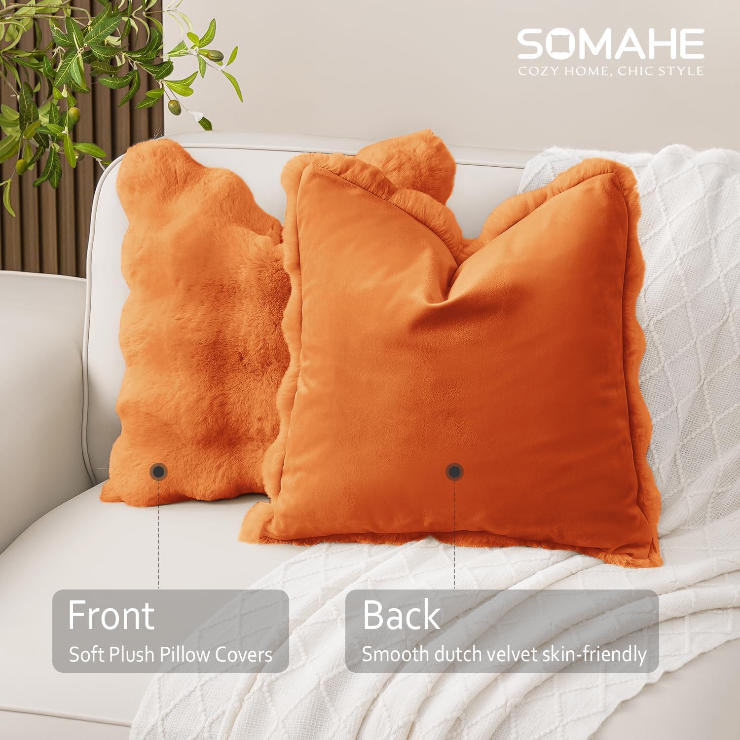 SOMAHE Plush Throw Pillow Covers Set of 2 Faux Fur Couch Pillowcase for Office Home Sofa Decor Soft Pillow Cover Orange 20x20 Inch
