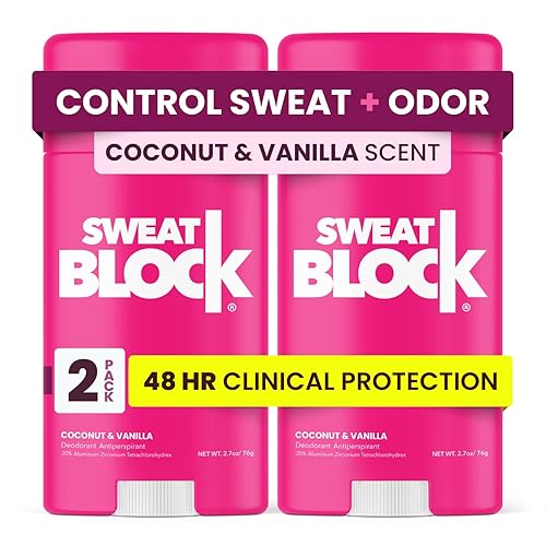 SweatBlock Clinical Strength - Desodorante antitranspirante para mujeres con aroma de coco y vainilla, paquete de 2 unidades de protección de 48