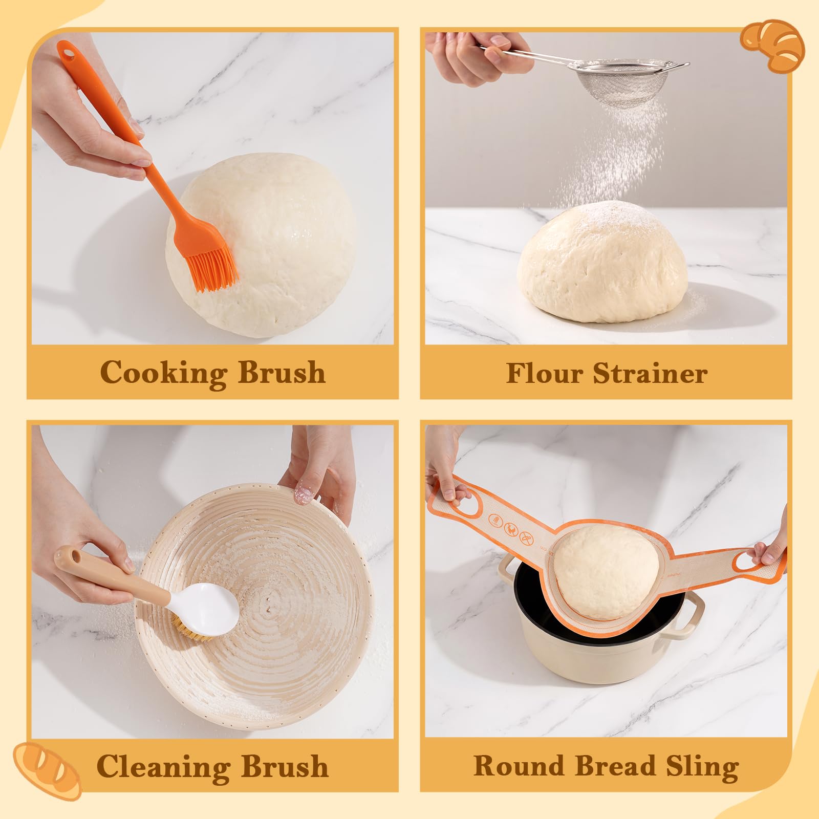 Sauerteig Starter Set, Gärkörbchen. 23cm Rund & 25cm Oval Gärkörb Brot, Gärkorb Set mit Sauerteig Glas, Dänischer Schneebesen, Teigschaber, Bäckermesser und Schlinge