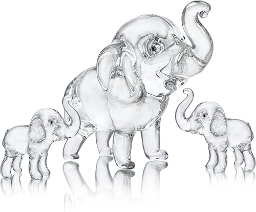 HDCRYSTALGIFTS Juego de 3, figuras coleccionables de elefante de cristal, animales de la suerte, pisapapeles, decoración del hogar, centro de mesa,