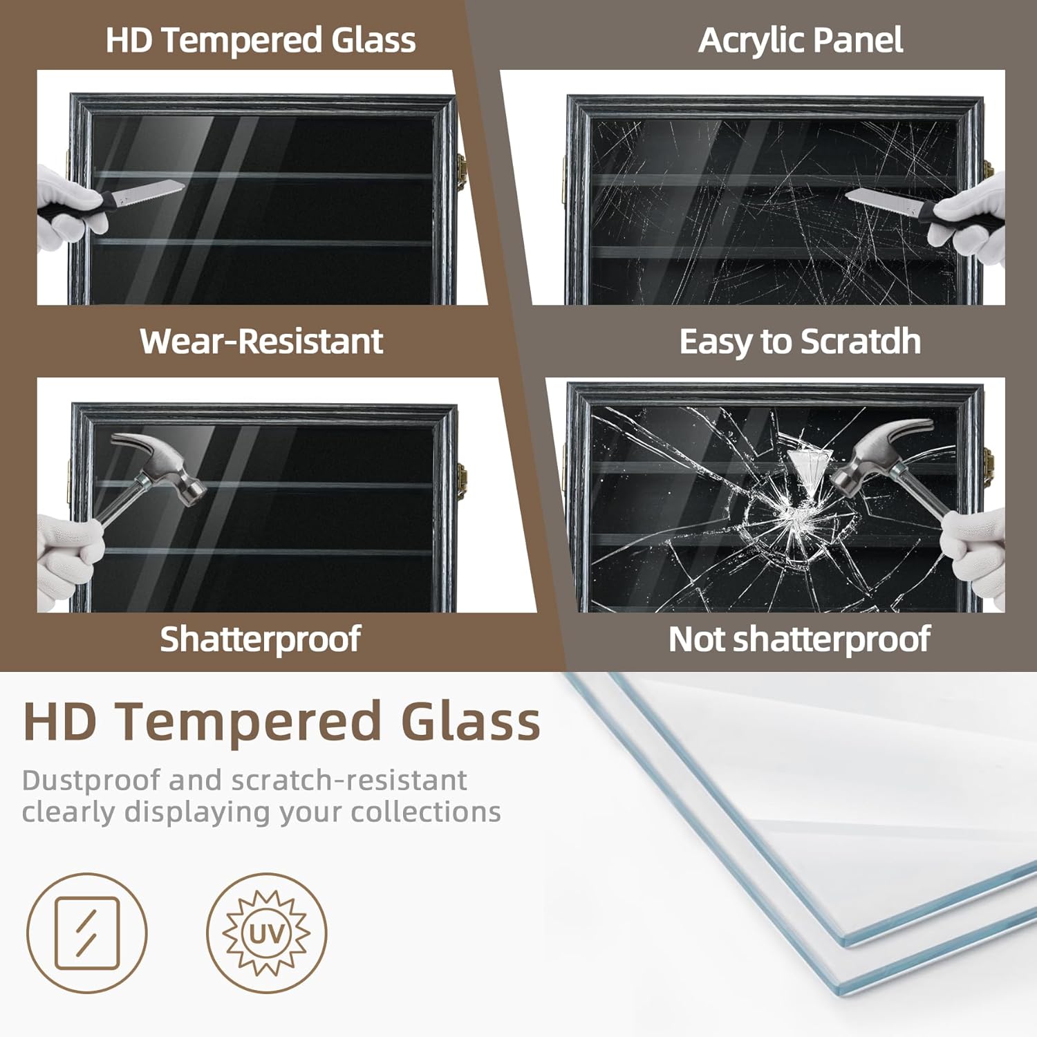 Pocket Knife Display Case 7 Rows Lockable Wooden Knife Shadow Box with HD Tempered Glass, Military Folding Knife Cabinet Stand for Wall with Removable Shelves, Black