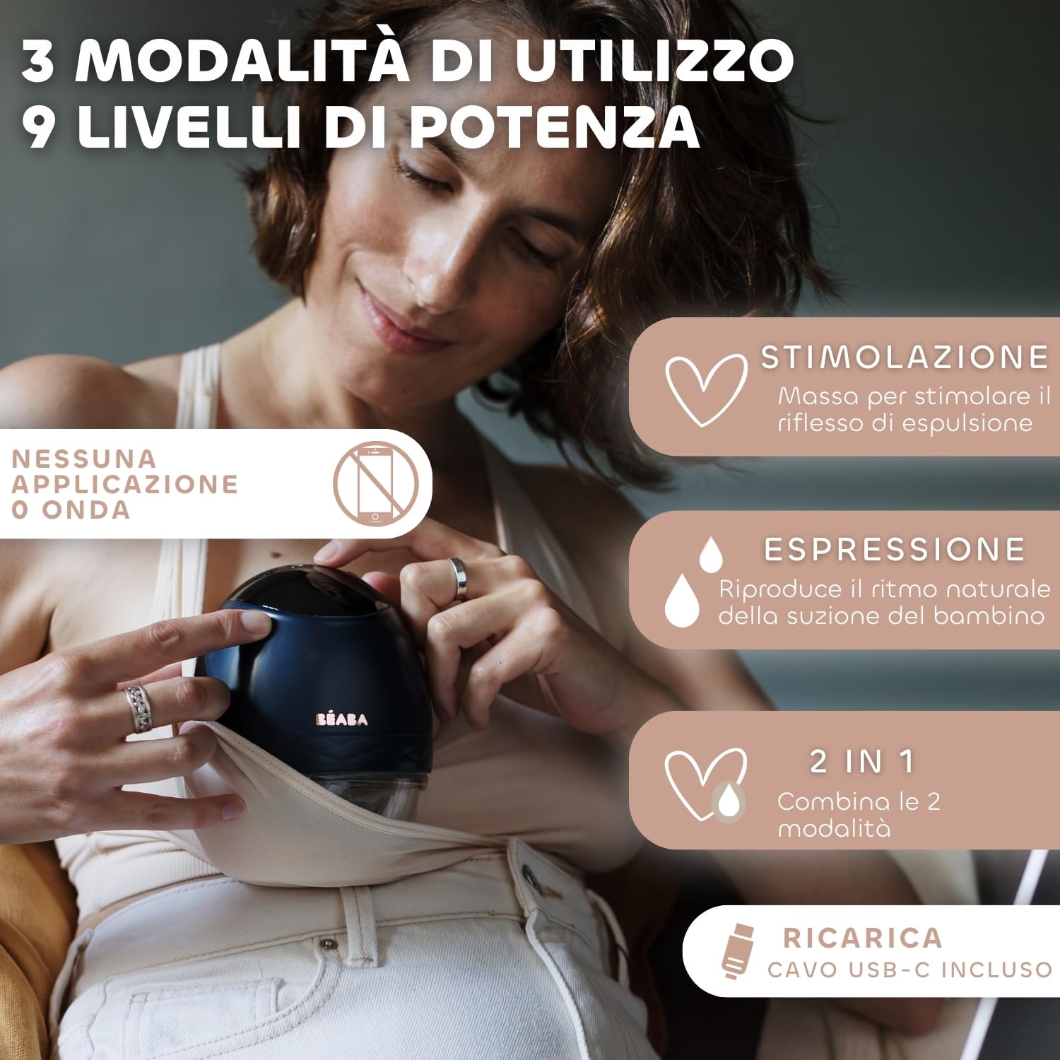 BÉABA, Tiralatte elettrico a mani libere, leggero, compatto, 3 modalità, 9 livelli, 0 onde, silenzioso, grande capacità 180 ml, timer, funzione memoria, 6 sessioni, ricarica USB C, blu notte