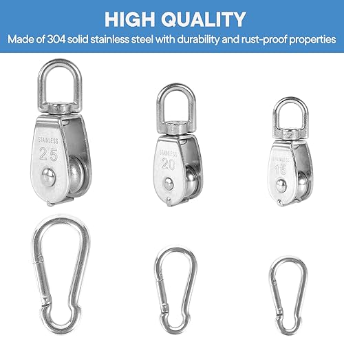 Vista 18 de 2 unidades de acero inoxidable 304 M32 de un solo bloque de polea, cuerda de alambre colgante de alambre de remolque, con 2 ganchos de resorte