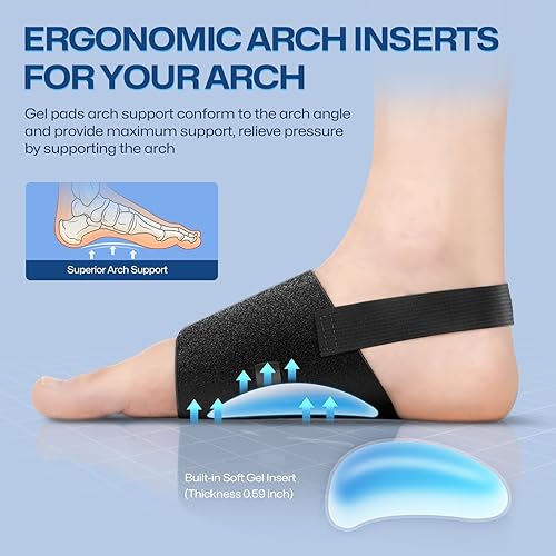 Vista 3 de Plantillas de soporte de arco para alivio de fascitis plantar, bandas de compresión ajustables con almohadillas de gel, plantillas ortopédicas