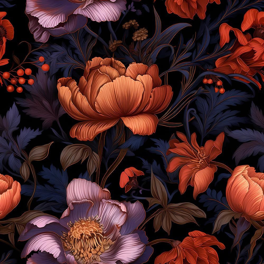 REDAMANCY Dark Mythical ornage Purple Retro Peony Peel and Stick Wallpaper Vintage Wall Paper Stick on Contact Paper Easy Peel Off for nightstand Drawer Renter Friendly 17.7"x236"
