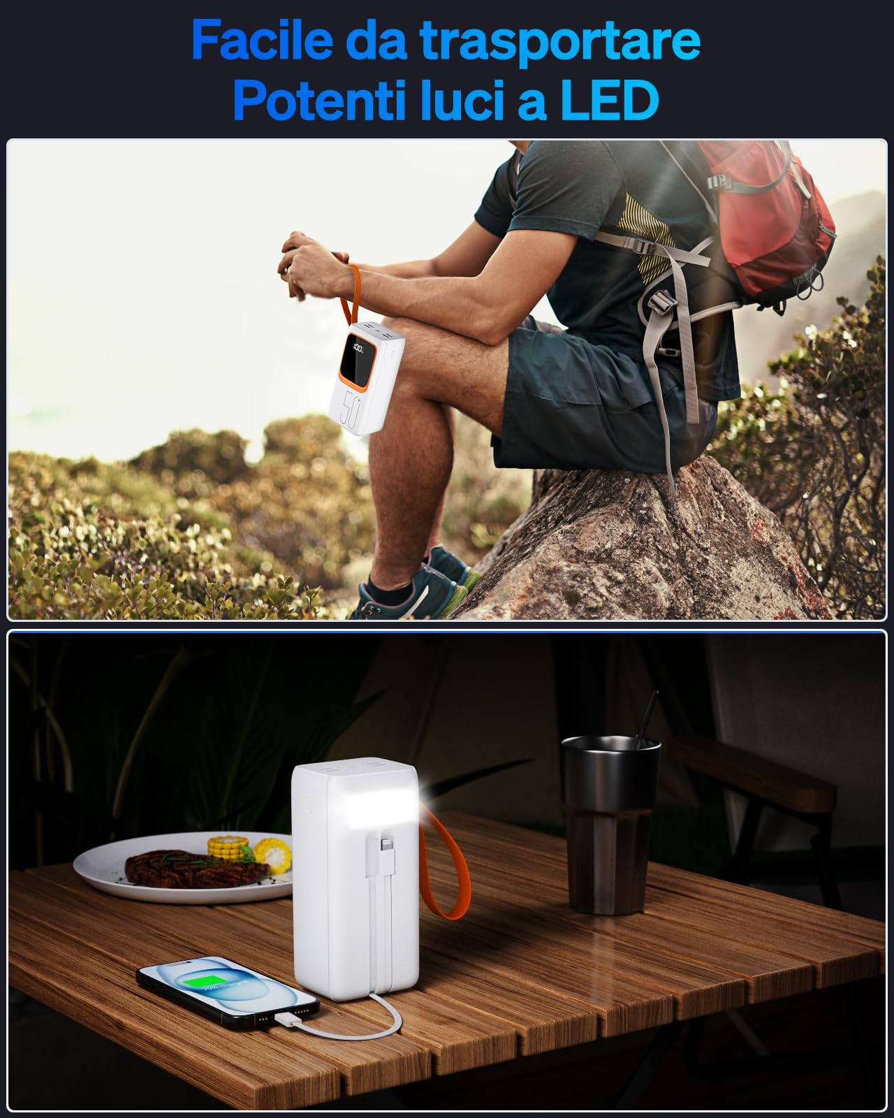 50000mAh Power Bank con cable incorporado: Batería externa de carga rápida de 22.5W con gran capacidad, cargador portátil con linterna LED y 7 salidas y 3 entradas-Blanco MP3 with