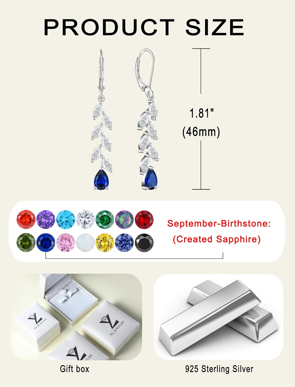 YL Wedding Dangle Earrings for Brides Bridesmaid Teardrop Birthstone Long Bridal Leverback Earrings Jewelry for Women - Image 6