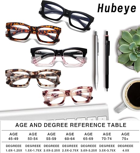 Miniatura 6 de Hubeye 5 pares de anteojos de lectura cuadrados estilo Oprah para mujeres y hombres, bloqueo de luz azul, lectores de computadora con funda de cuero