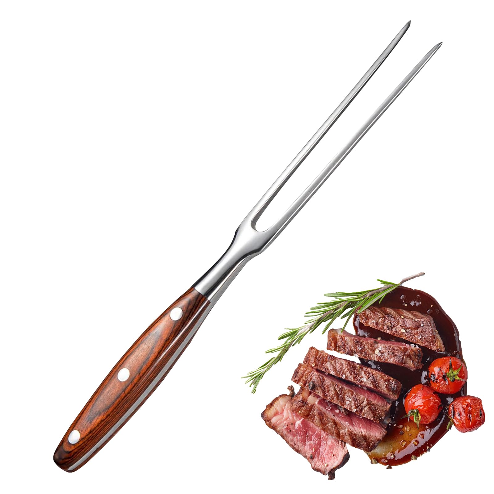 Tenedor de carne de acero inoxidable de 30 cm con mango de madera, tenedor de carne de acero inoxidable, para filetes, asados, pollos asados y verduras, tenedor inoxidable con puntas largas para girar