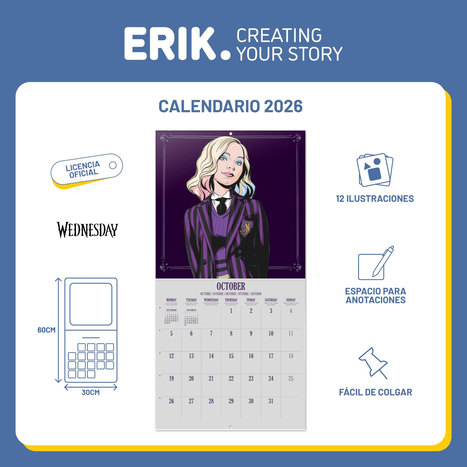 Calendario De Pared 2026 Wednesday Addams - Mensual, 30x30 Cm, Con Espacio Para Notas
