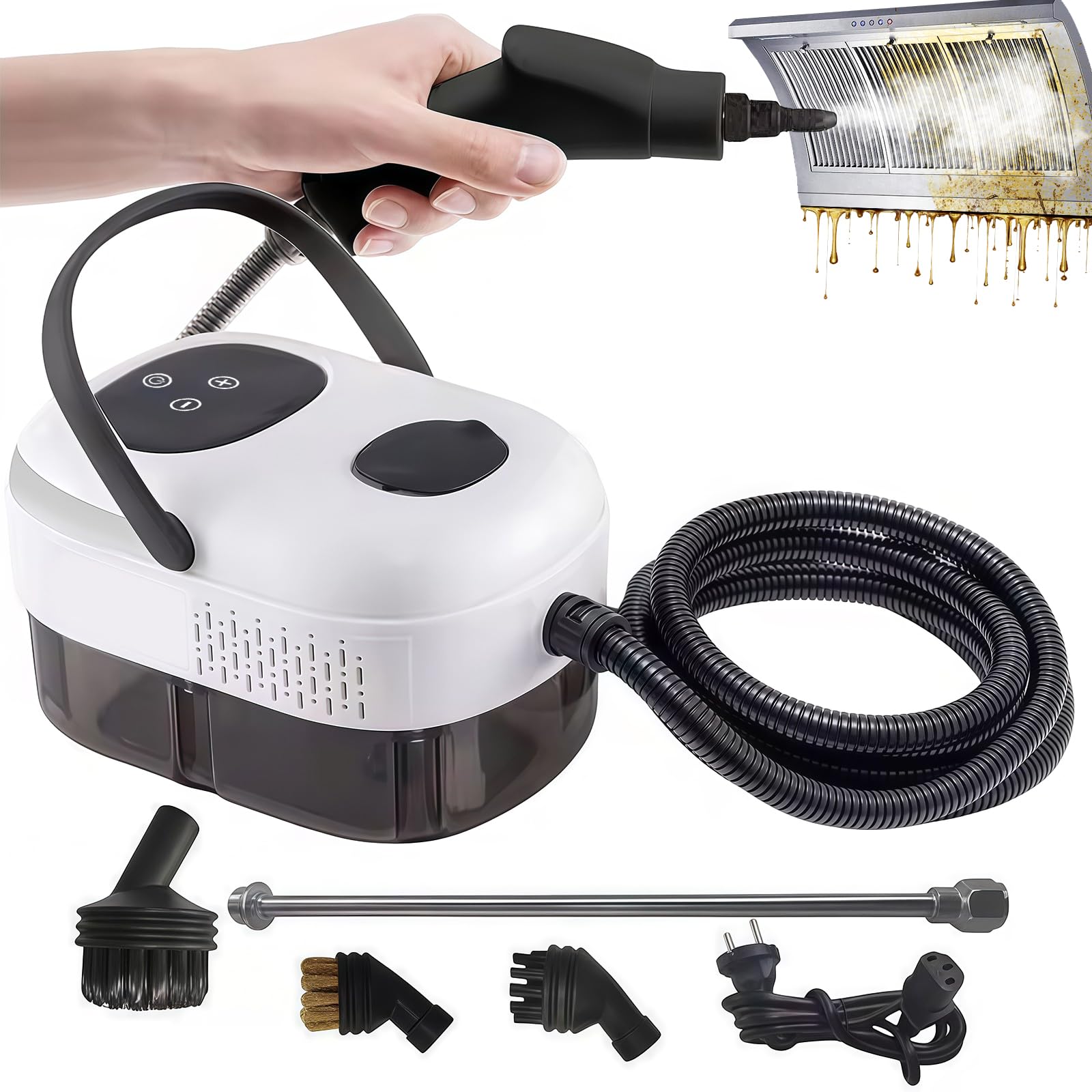 Limpiador a vapor, 2500 W, 3 bar, dispositivo de mano para el hogar, 6 niveles ajustable, con depósito de 1 l y 3 cabezales de cepillo para cocina, ventanas, suelos, azulejos, sofá y coche