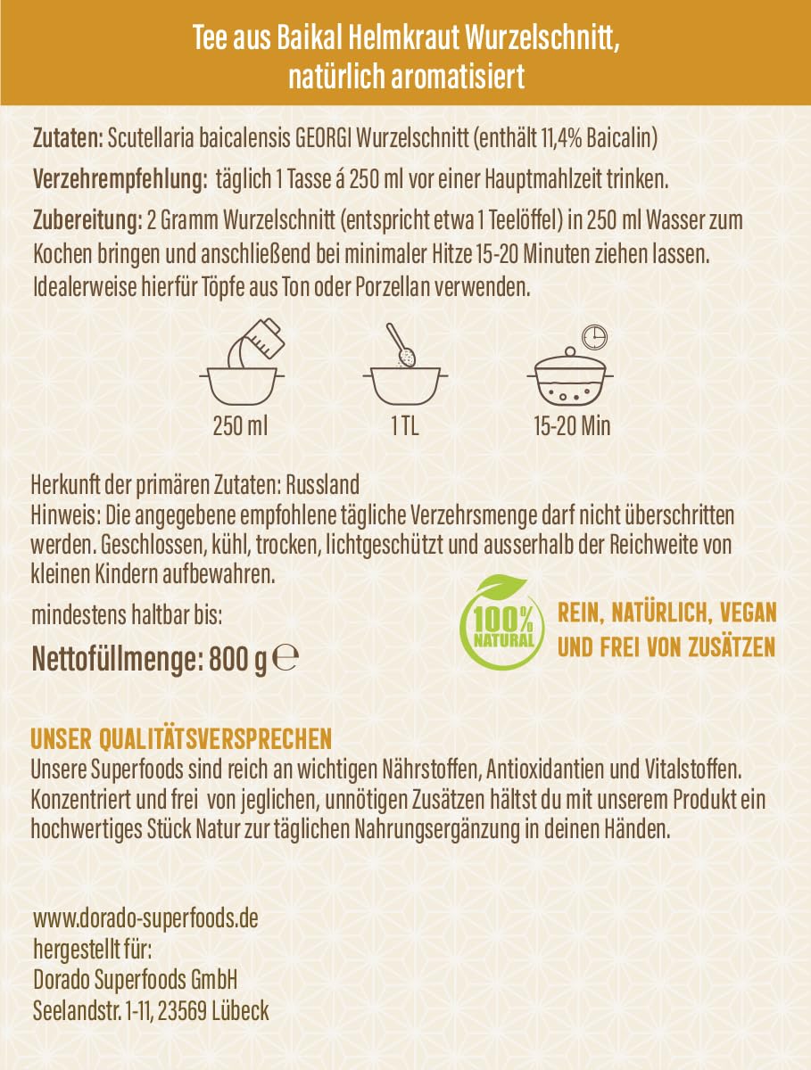 Baikal Helmkraut Tee Wurzelschnitt – Scutellaria baicalensis – 800 g – Frei von Zusätzen | Dorado Superfoods®