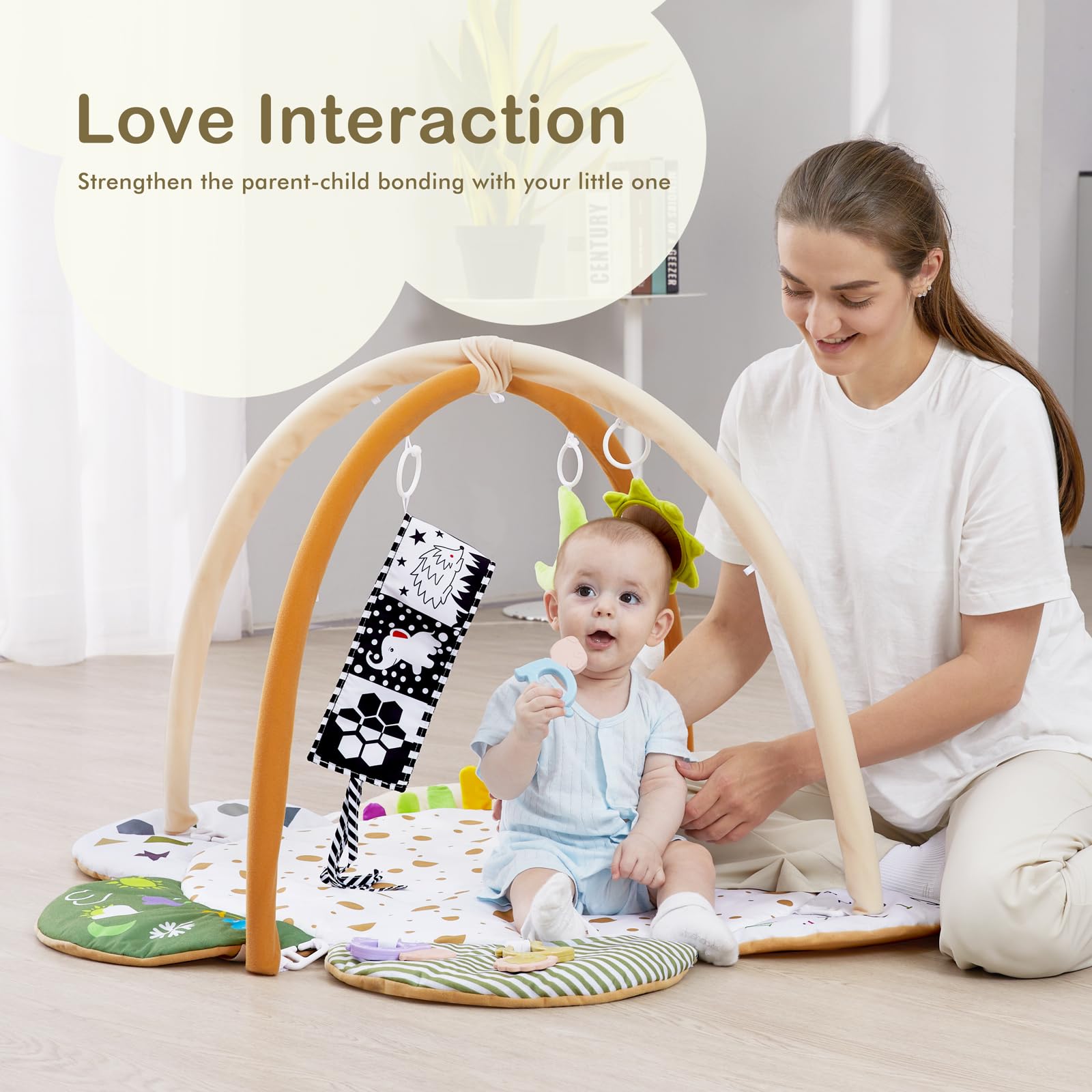 5-in-1 Baby Play Gym Mat, Tummy Time Activity Mat with 7 Toys for Stage-Based Sensory and Motor Skill Development, Washable Play Mats for Infant, Baby Toys Gift for Toddler Infant 0-3-6-9-12 Months