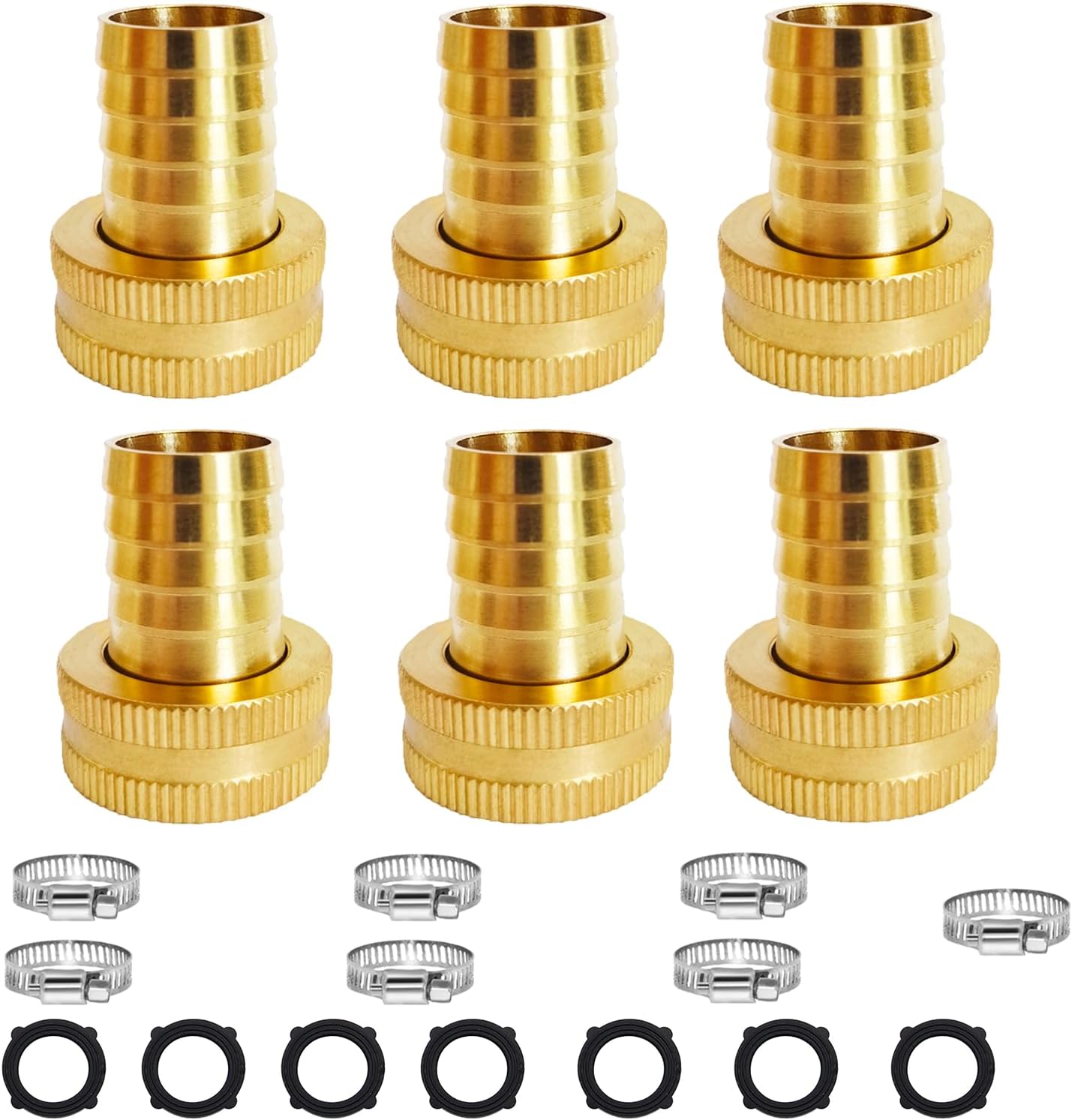 1/4", 3/8", 1/2", 5/8", 3/4" Barb x 3/4 Female GHT Thread（2 pcs of Each） Solid Brass Water Hose End Repair Connector, Includes 14 Stainless Steel Clamps and 14 gaskets