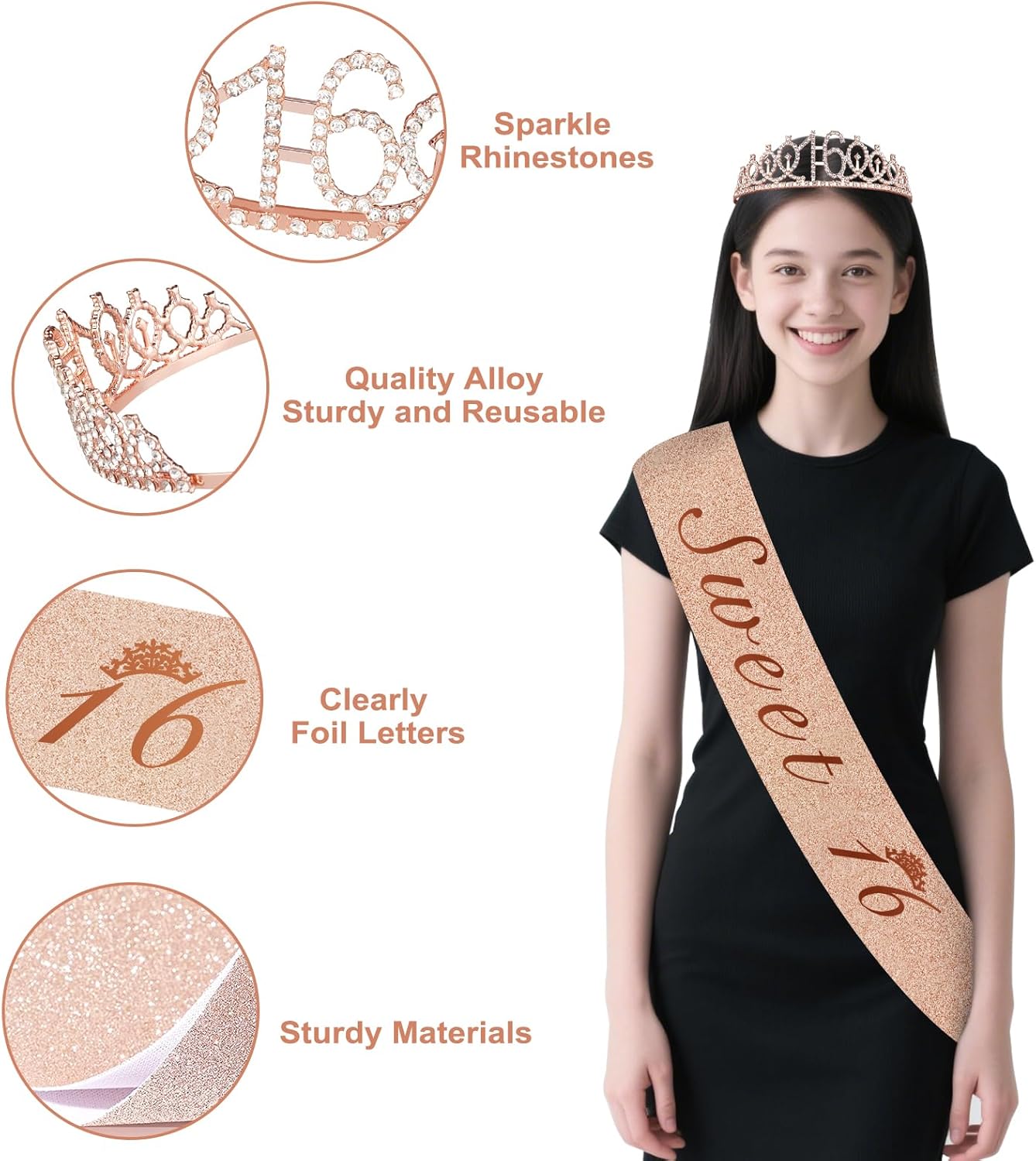 Sweet 16 Party Decorations, 49pcs Black Rose Gold Black Banner, Tablecloth, Butterfly Decor, Sweet 16 Sash and Tiara, Cake Topper, Candles, Balloons Arch