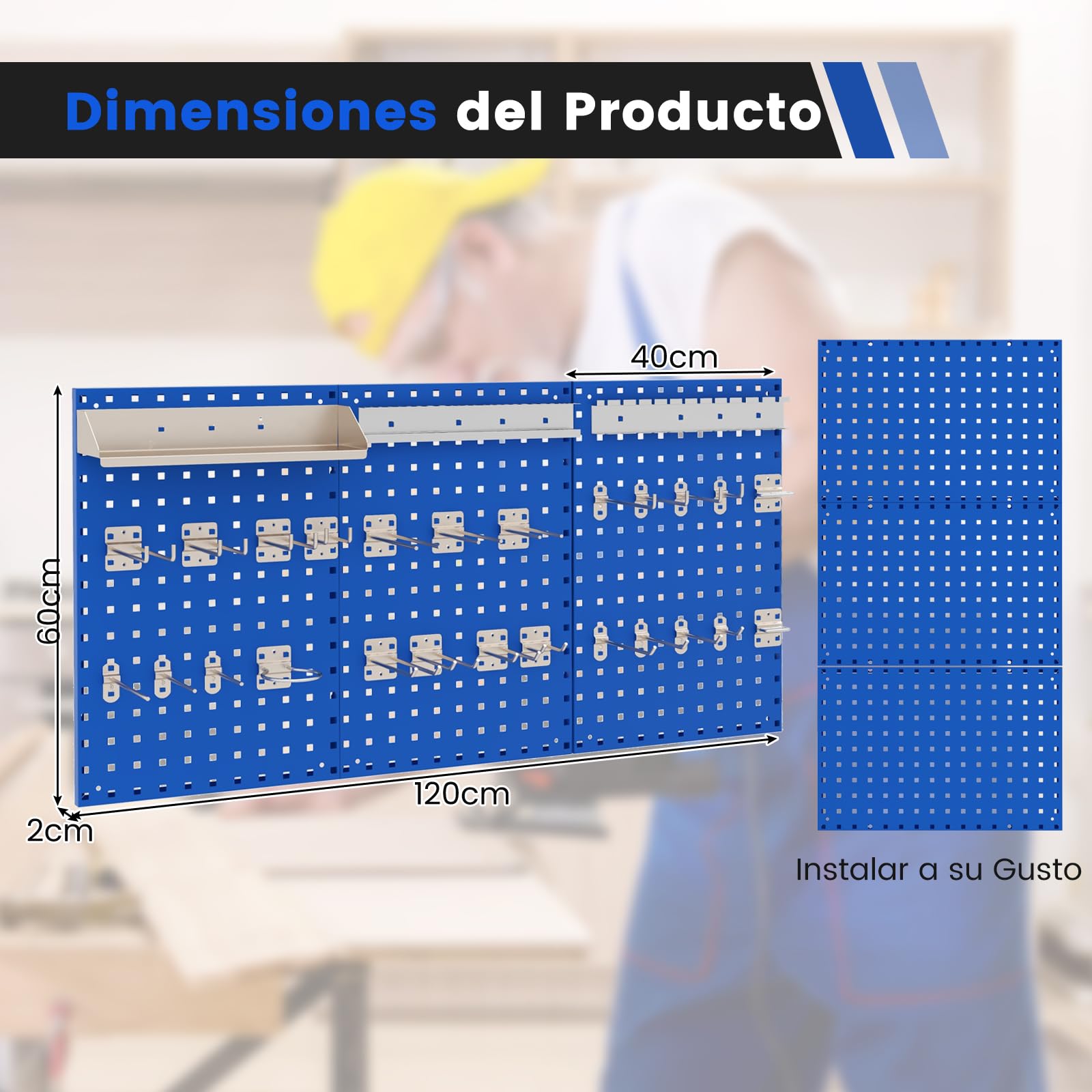 GOPLUS Panel Herramientas Pared, Panel Perforado 3 Piezas con 25 Ganchos, Organizador Herramientas Pared para Brocas y Destornilladores, Kit de Tablero de Clavijas de Metal para Garaje Taller (Azul)