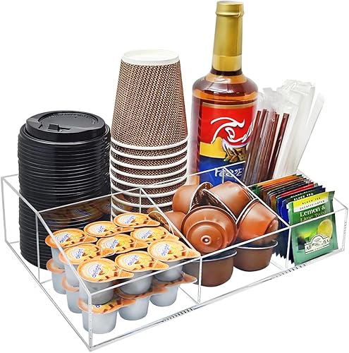 Organizador de acrílico para barra de café para encimera, oficina, hogar, café, soporte para tazas de papel, condimentos, jarabes, crema,
