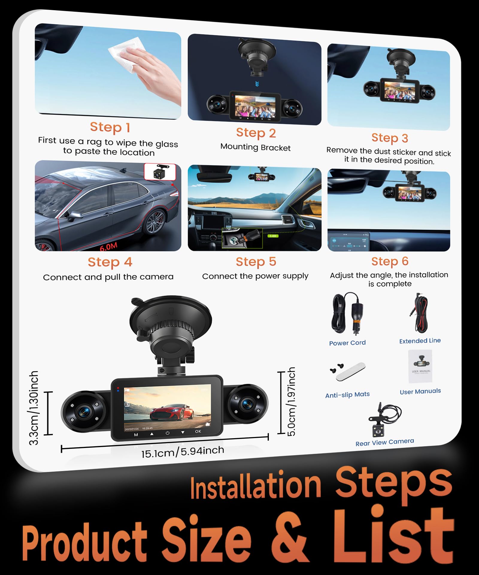 Dashcam para Coche 4 Canales 360°, 4 1080P Delantera y Trasera Izquierda Derecha, Dash CAM de 3 Pulgadas 1080P Visión Nocturna 8 IR/Vídeo en Bucle/24H Monitor/G-Sensor/Asistente de Marcha Atrás