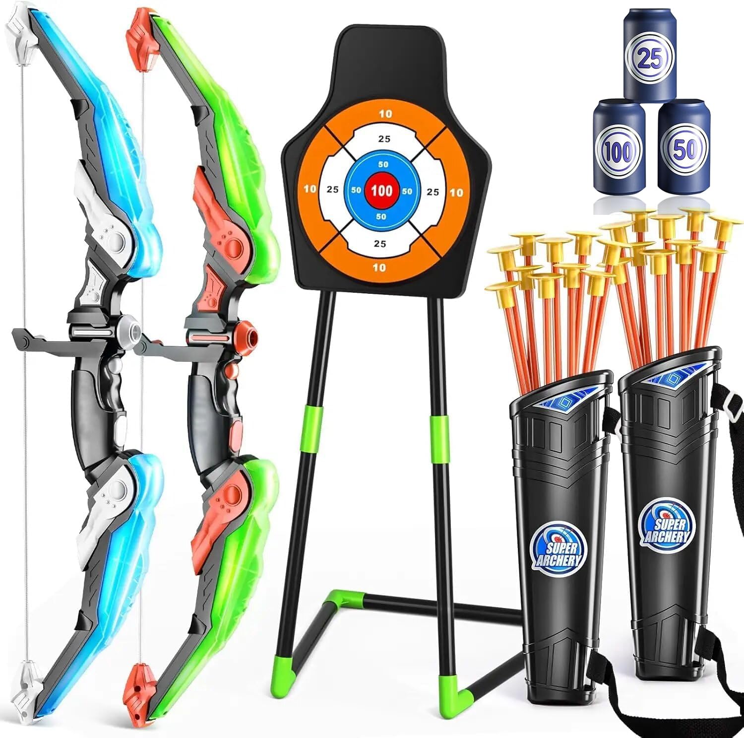 Bow and Arrow Set -LED Light Up Premium Archery Target Play Set with 20 Suction Cup Arrows, 1 Standing Target, 2 Quiver, 3 Targets, Indoor Outdoor Sport Excellent Gift for Family and Friends. (2/Pack)