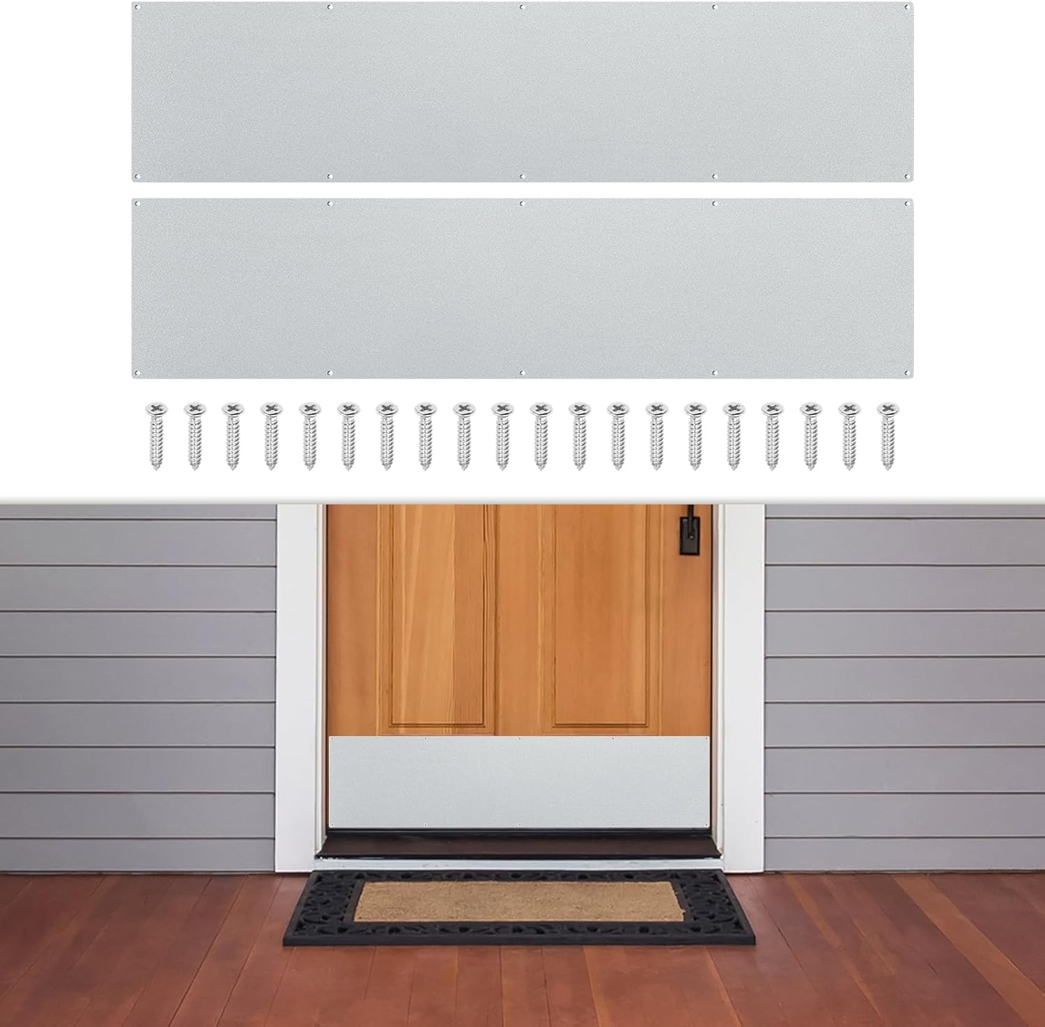 2 Pcs Door Kick Plates - 8 x 34 Inches Kick Plates for Exterior Interior Doors Protection Decor, 1.5mm (1/16 Inch) Thickness Rectangular Aluminum Door Push Plate (Glittered Silver)