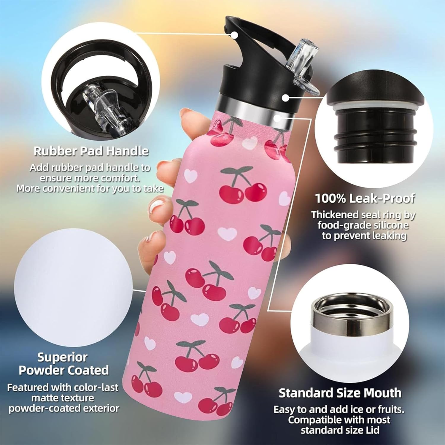 Cherry Water Bottle Adult Kids With Straw Lid Insulated Stainless Steel Travel Mugs for Sport Gym Outdoor 20oz - Image 3