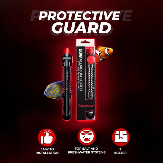 Aquatop 50W Premier Glass Heater with Guard Submersible for Fish Tanks Up to 13 Gallons 68-93F Adjustable Temp Fresh & Saltwater Use