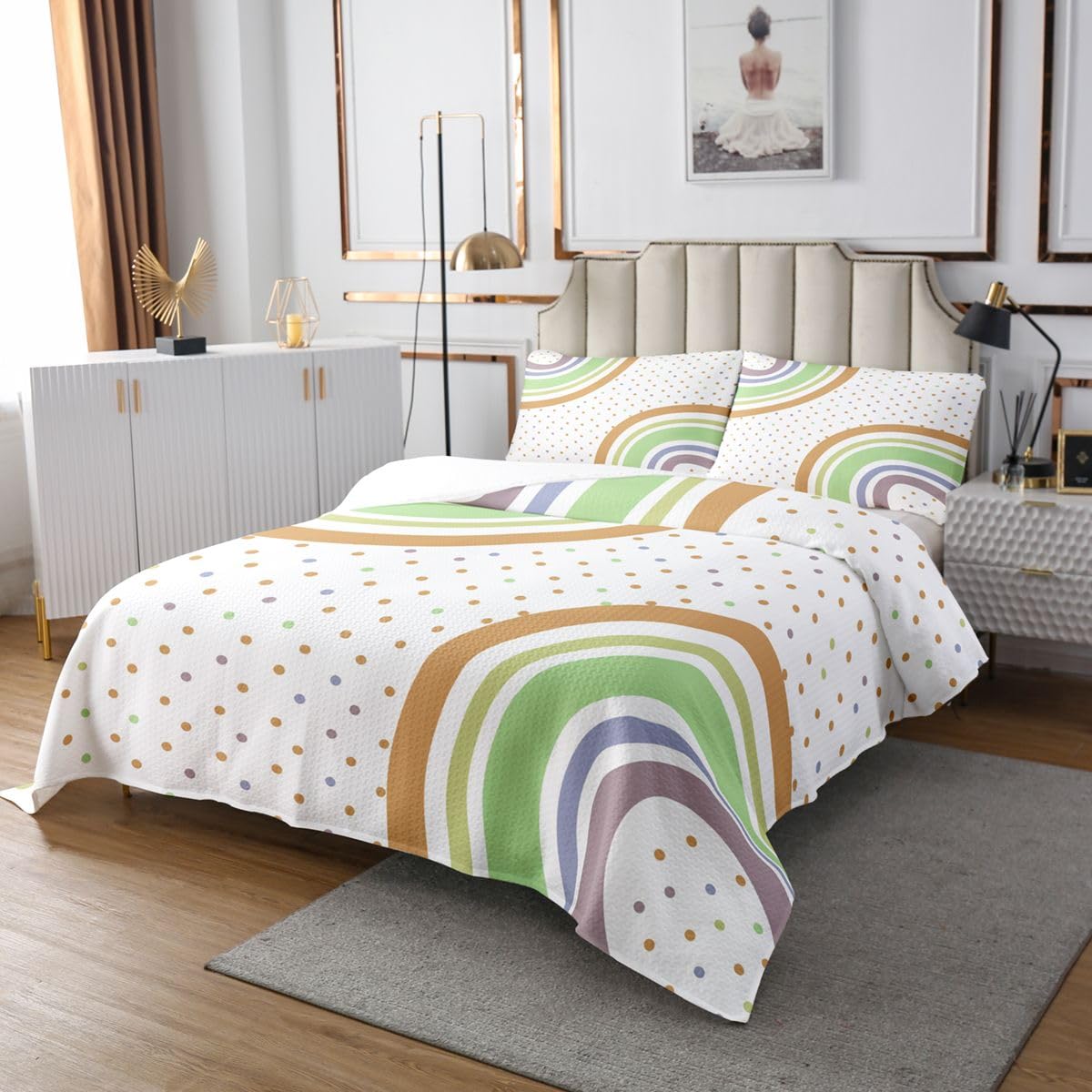 Homewish Juego de colcha con diseño de arcoíris, tamaño King, diseño geométrico, moderno, lindo, círculo, verde, amarillo, decoración de habitación, ropa de cama acolchada