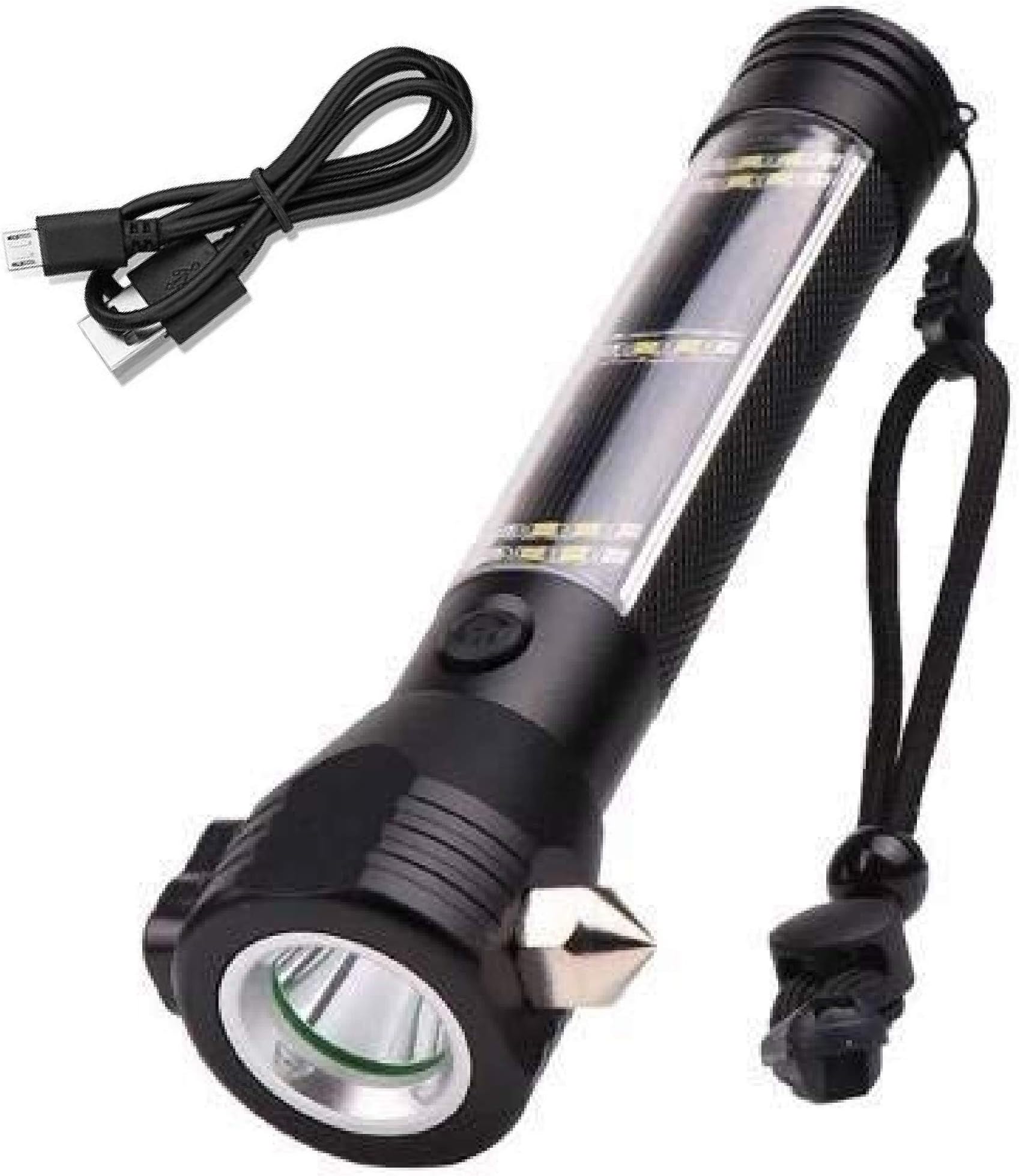 Aluminium 7 Mode Rechargeable Flashlight Solar LED Torch Light Ultra Bright High Power Long Distance Emergency Lights with Multipurpose Safty Tools Magnet, Compass, Hammer (USB Cable | Black)