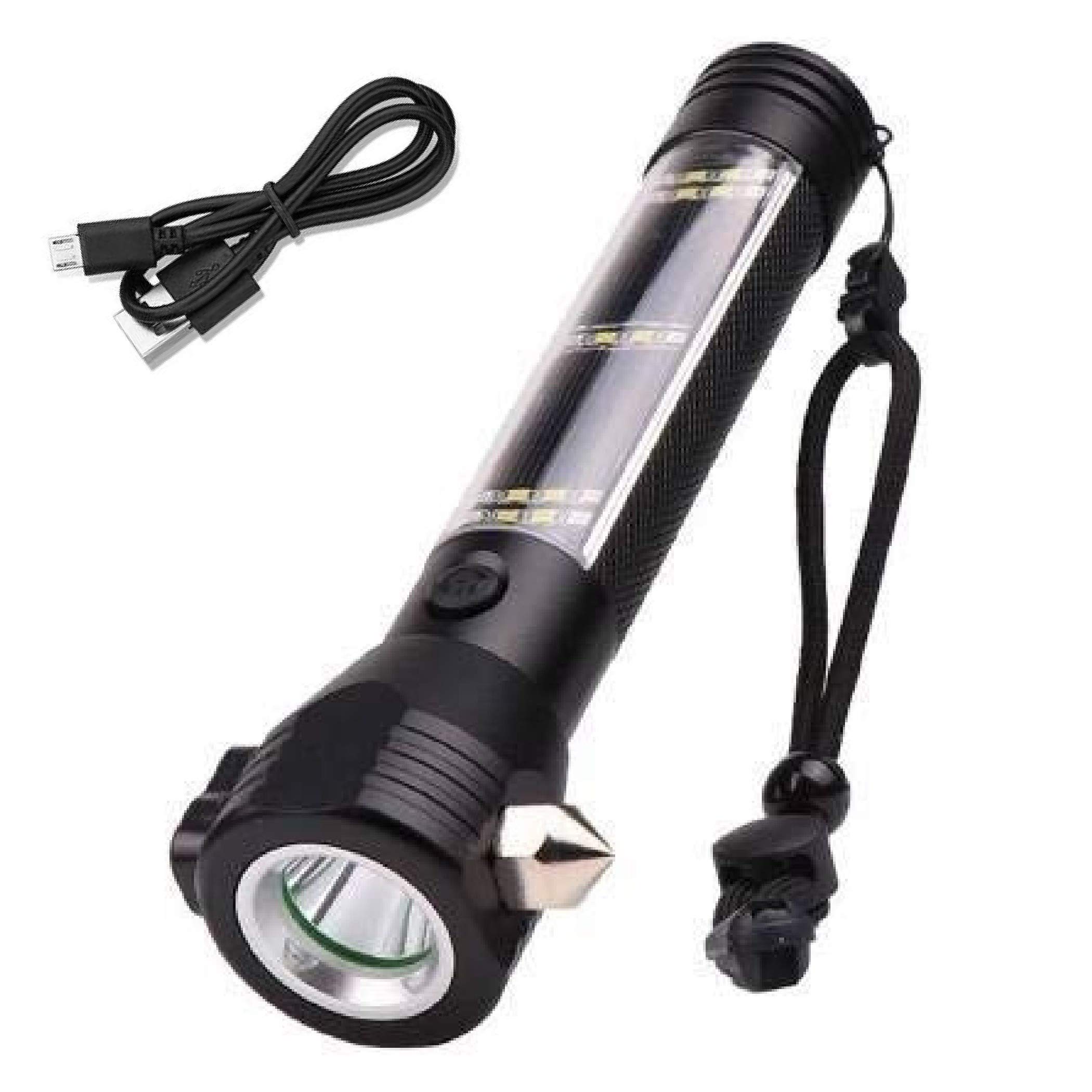 Aluminium 7 Mode Rechargeable Flashlight Solar LED Torch Light Ultra Bright High Power Long Distance Emergency Lights with Multipurpose Safty Tools Magnet, Compass, Hammer (USB Cable | Black)