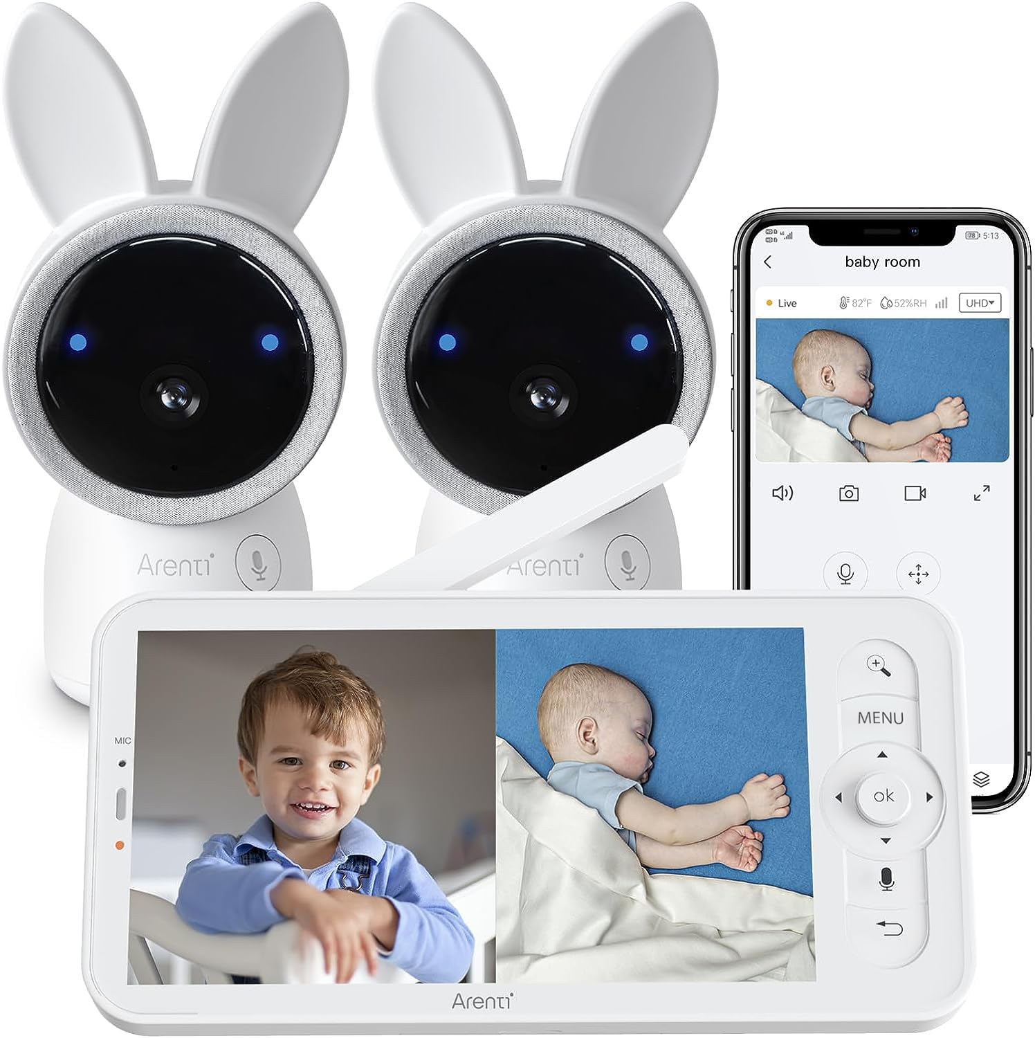 ARENTI Split-Screen Baby Monitor 2 Cameras, Audio Monitor with Two 2K UHD WiFi Cameras,720P 5" Color Display,Night Vision,Cry Detection,Motion Detection,Temp&Humidity Sensor,Two Way Talk,App Control