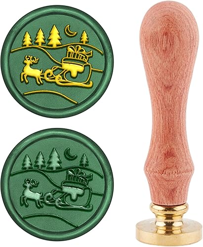 CRASPIRE Sello de cera de Navidad, trineo con caja de regalo, sellado de ciervos de Navidad, madera retro, mango de cabeza de latón extraíble de