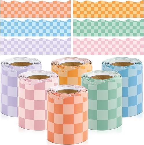 Bordes de tablón de anuncios hippie Groovy de 196 pies, 6 rollos retro, rosa, azul, naranja, morado, verde, a cuadros, para el aula, decoración de