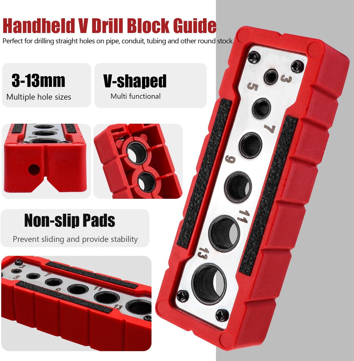 Yakamoz V-Block Portable Drill Guide for Straight Holes, 90 Degree Handheld V Drill Block Guide Jig Pipe Drilling Guide Locator for Hand Drills, Guide Hole Sizes 3–13 mm (1/8"–1/2")