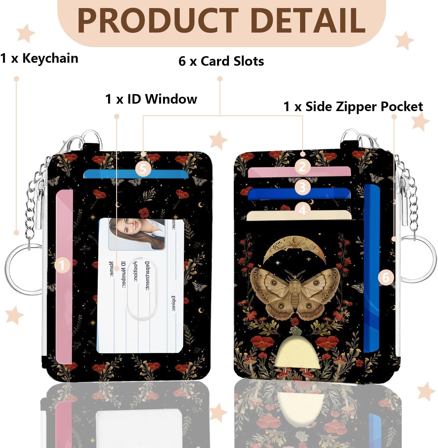 Black Retro Gifts, Classic Dark Slim Wallet Card Holder for Women, Poppy Moth Design Pocket Travel Card Case with ID Window Gift for Any Occasion, Slim RFID Blocking Wallet with Zipper Coin Keychain image 3