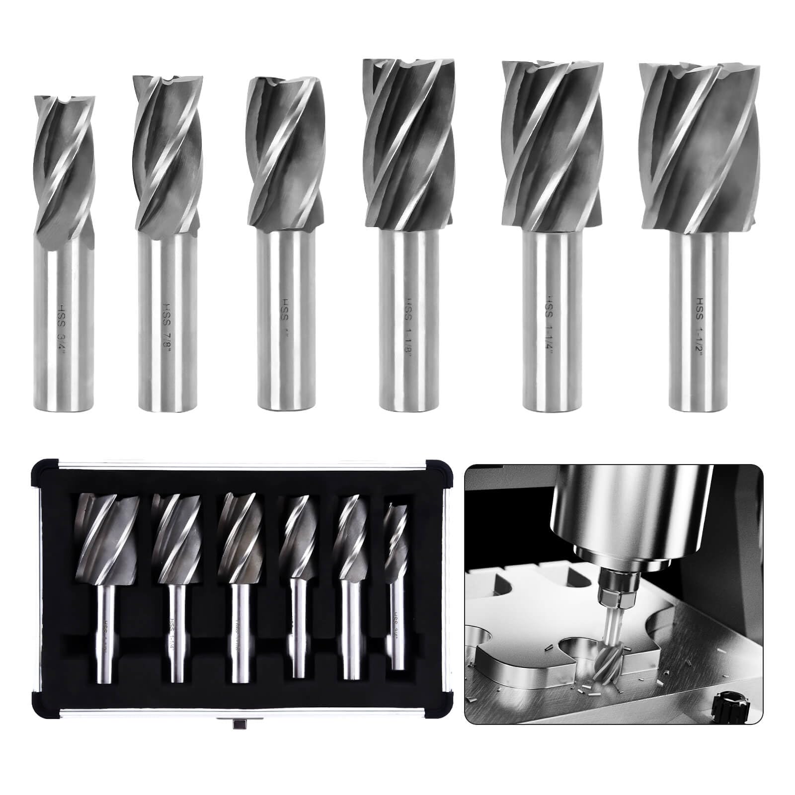 6PCS H.S.S End Mill Set - Bridgeport End Mills 4 and 6 Flute, Cutting Dia 3/4-1 Inch, 3/4" Weldon Shank, Industrial Tools for Versatility and