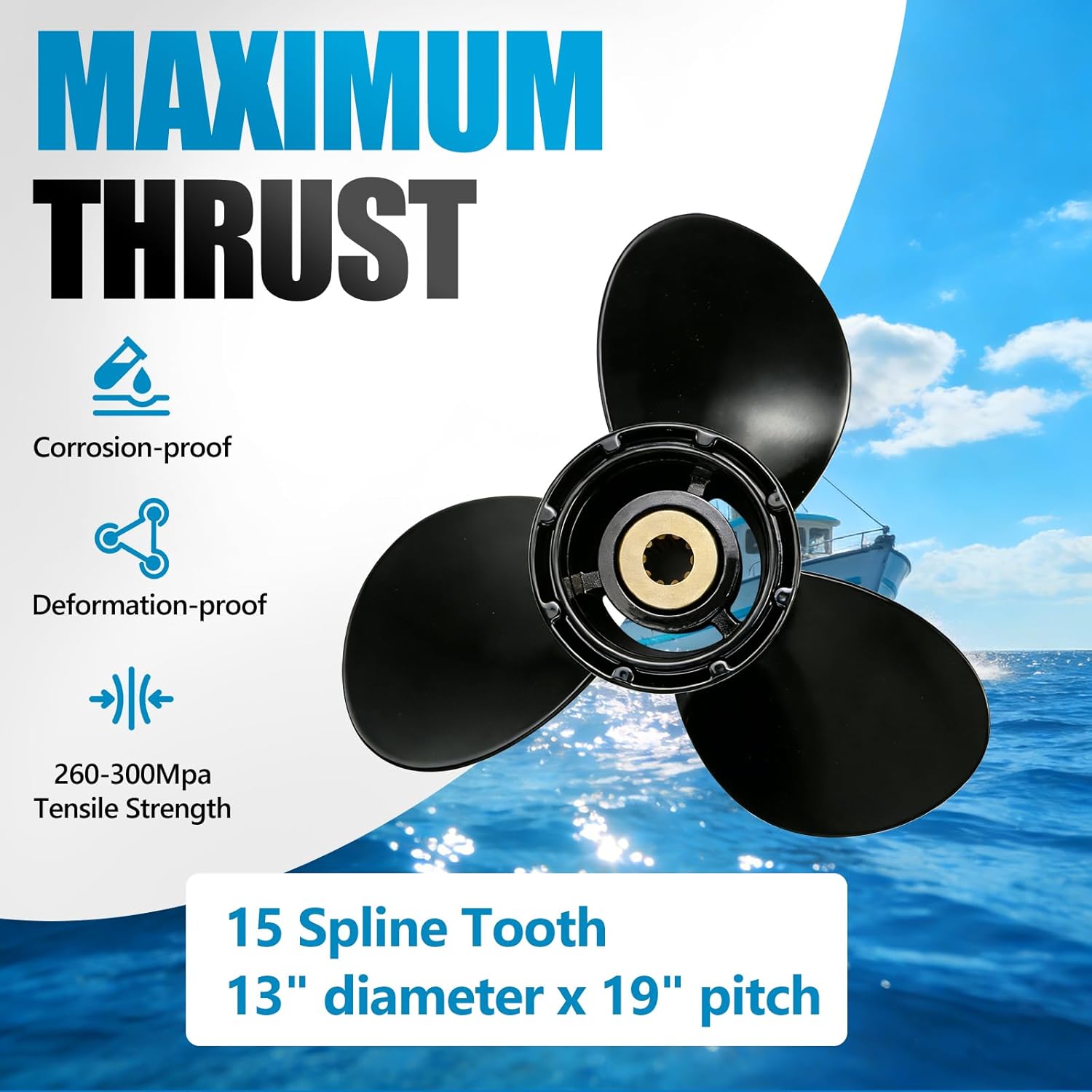 Max Motosports Aluminum Propeller 48-77346A45 fit Mercury Mariner 40 50 60 70 75 80 90 100 115 125 140 150HP Outboards 13 X 19 RH 15 Spline Tooth