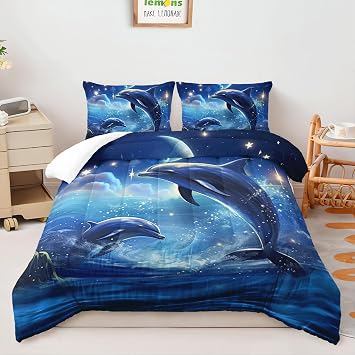 طقم لحاف AILONEN Kawaii Dolphin بحجم كوين،طقم فراش Dream Galaxy Dolphin للأطفال الأولاد والبنات، طقم لحاف Ocean Animal مكون من 3 قطع لتزيين غرفة النوم، لحاف واحد و2 غطاء وسادة