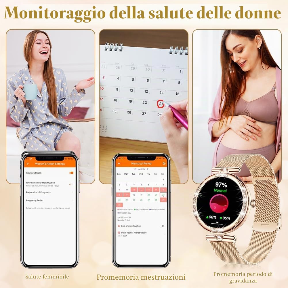 Vicloon Smartwatch Donna con Chiamate Bluetooth, 1.19" Fitness Orologio con Contapassi, 24H Cardiofrequenzimetro, Sonno, Ciclo Mestruale, Impermeabile IP68, Compatibile iOS/Android, Oro Rosa
