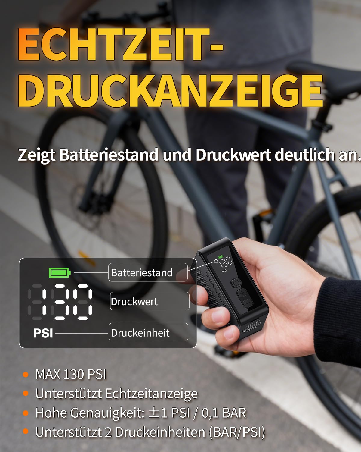 TOWILD A13 Akku Luftpumpe Fahrrad Elektrisch 130 PSI Tiny Fahrradpumpe mit Digitalem Manometer Automatische Abschaltung Elektrische Luftpumpe mit Presta- und Schrader-Ventil für E-Bike, MTB Rennrad