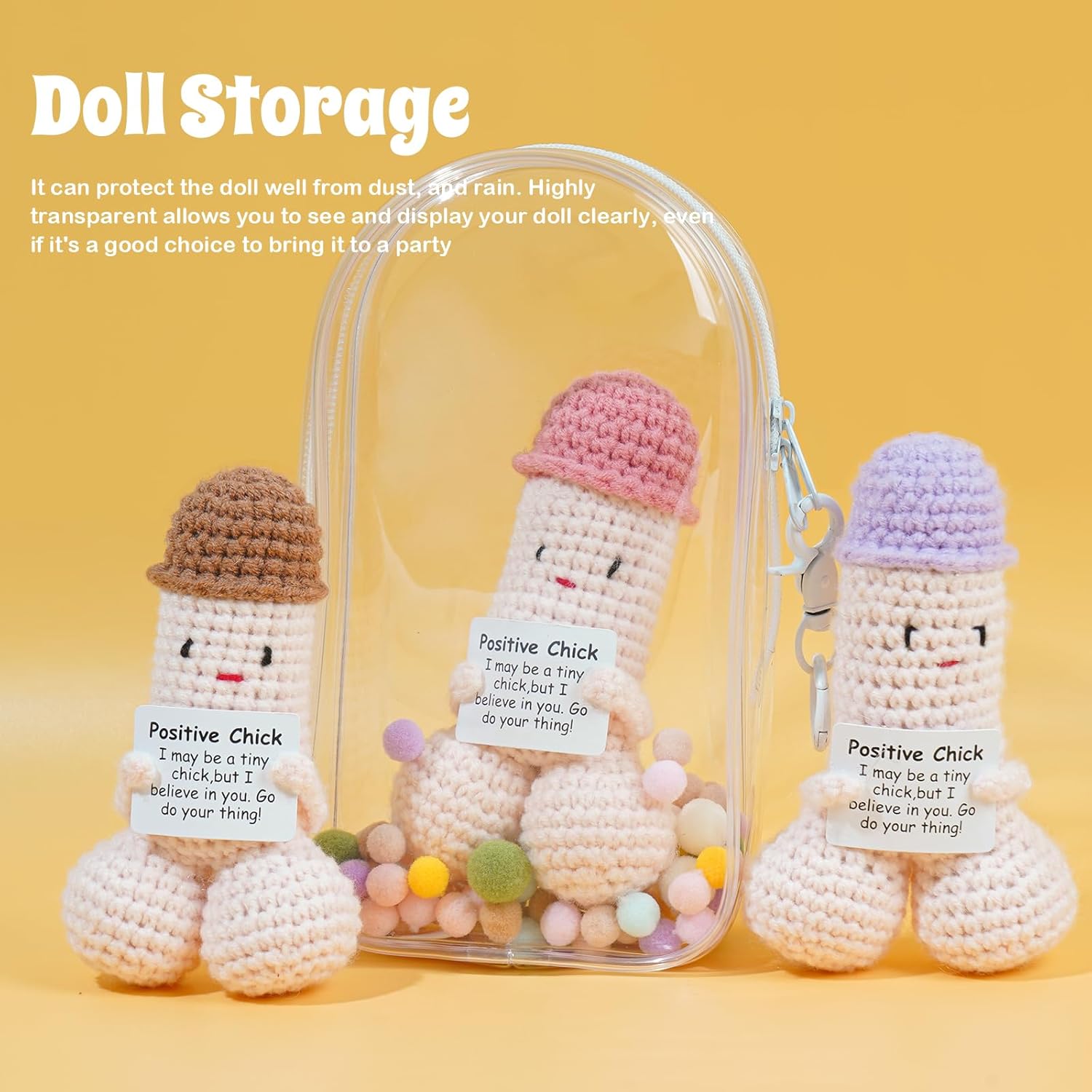 Clear Figure Display Bag with Keychain for Doll, Positive Doll Storage Bag, Pouch Keychain Charms for Collectibles (with Zipper- Waterproof) Building Block Storage Bag,7.4 * 4.2 inch