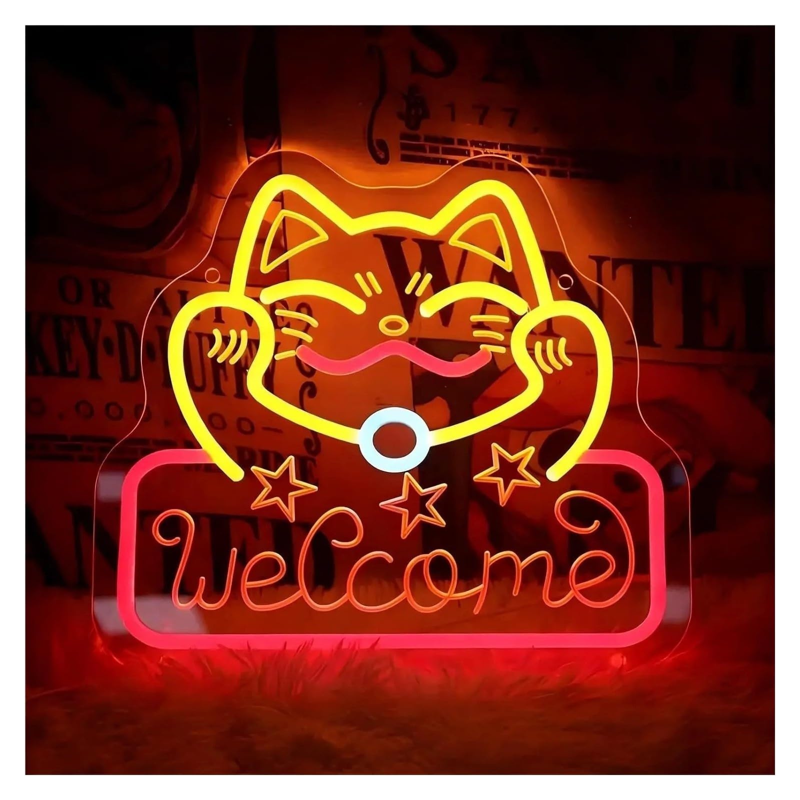 Decoración Lámparas Maneki Neko Bienvenido LED Letrero De Neón