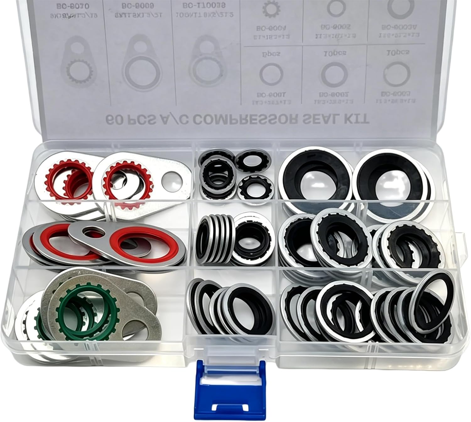 60 PCS Car A/C System Compressor Gaskets, Air Conditioning Hose Gaskets to Compressor Seal Kit, 9 Sizes Standard Bonded Seal Assortment, Universal for Most Cars (Multicolored)